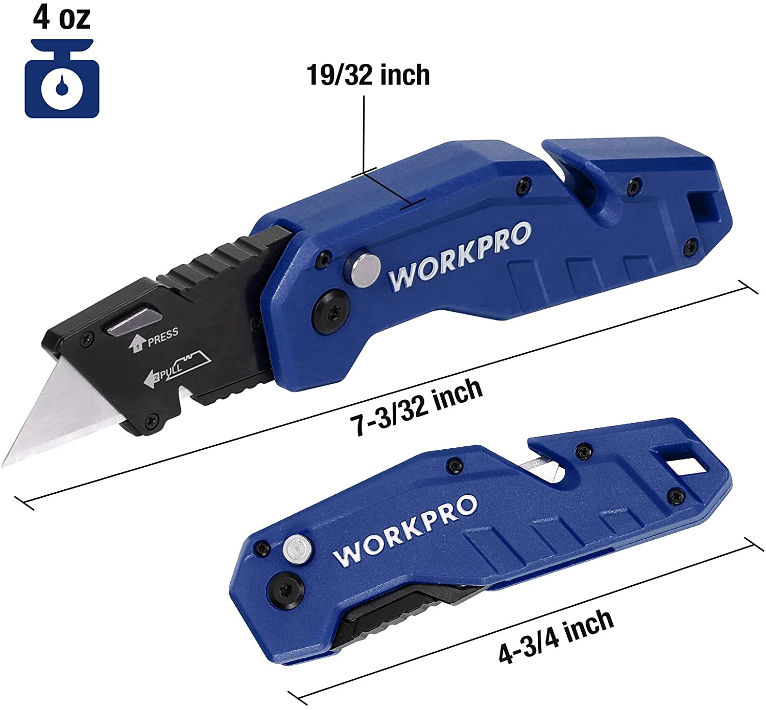 Blue folding utility knife with black blade; length and size markings shown.