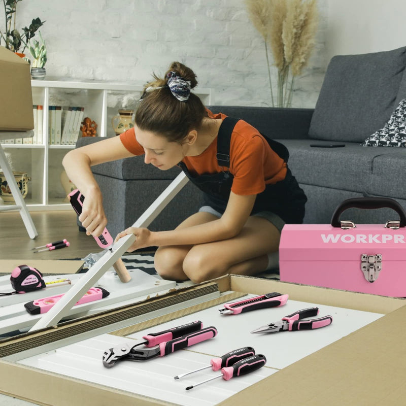 WORKPRO 75 Pcs Pink Tools Set, 3.7V Rotatable Cordless Screwdriver, and Household Tool Kit - Pink Ribbon