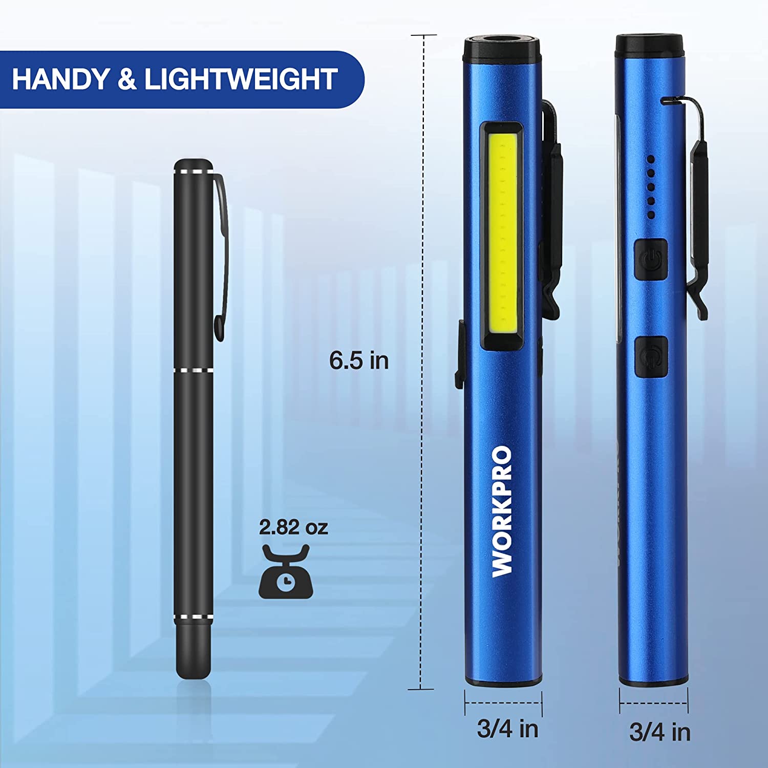 Blue LED pen light with yellow window, shown with size comparison