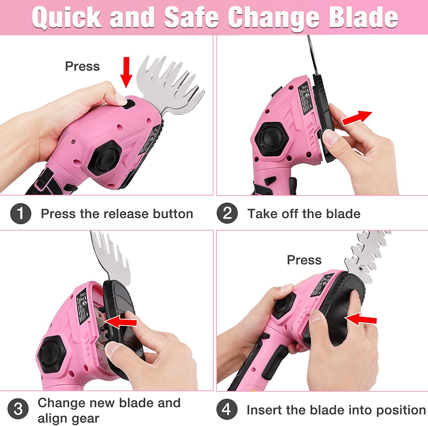 Pink 2-in-1 hedge trimmer with quick blade-change system and release button