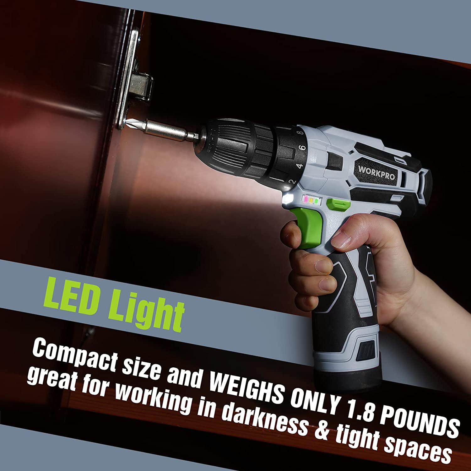 12V cordless drill with LED light and green handle, drilling near a wood surface