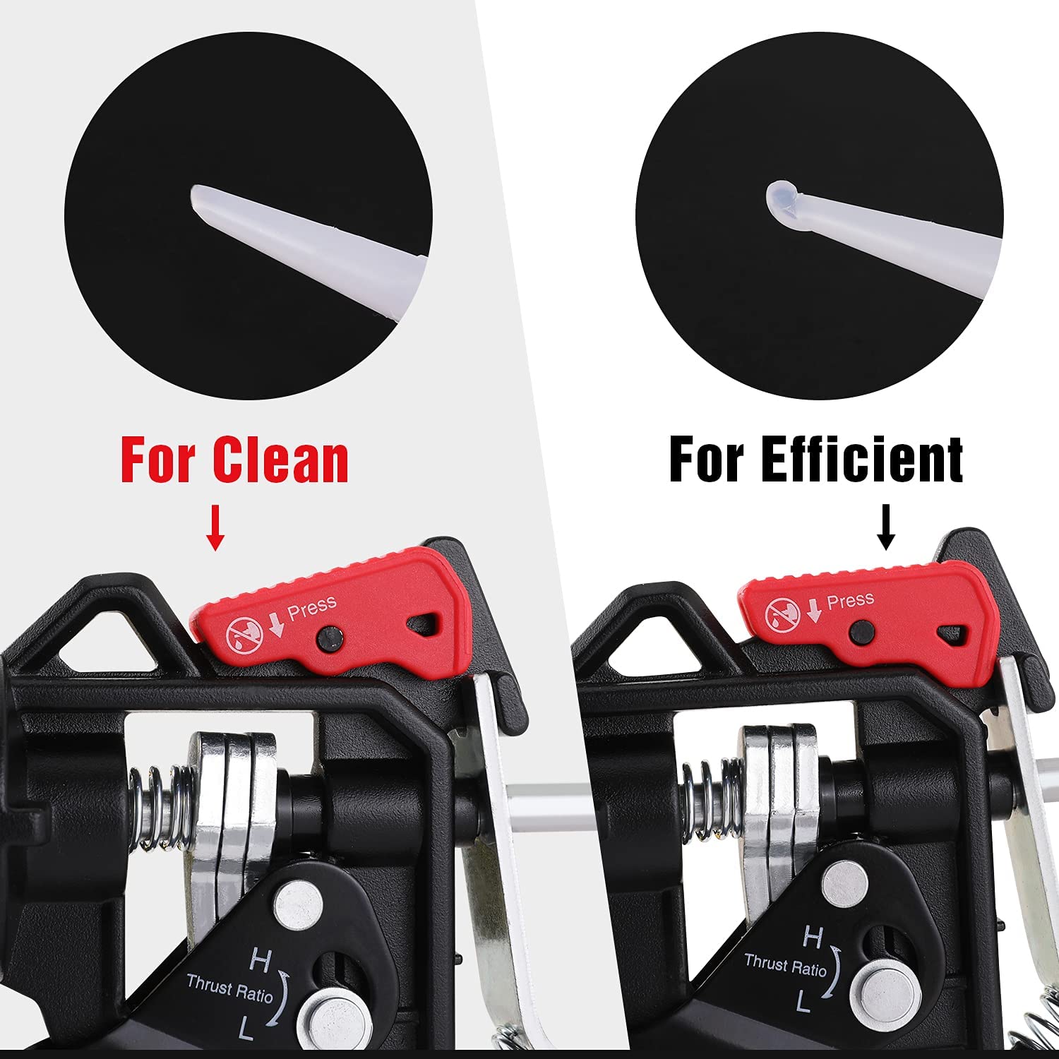 Caulking gun dispensing head with H and L thrust settings and nozzle guides
