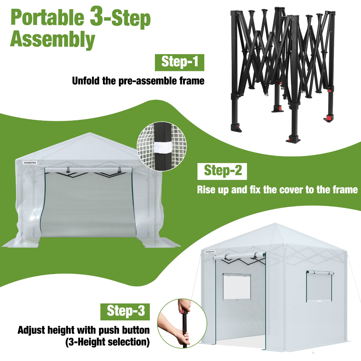 Portable walk-in greenhouse cover with entry frame setup steps and zipper door panels