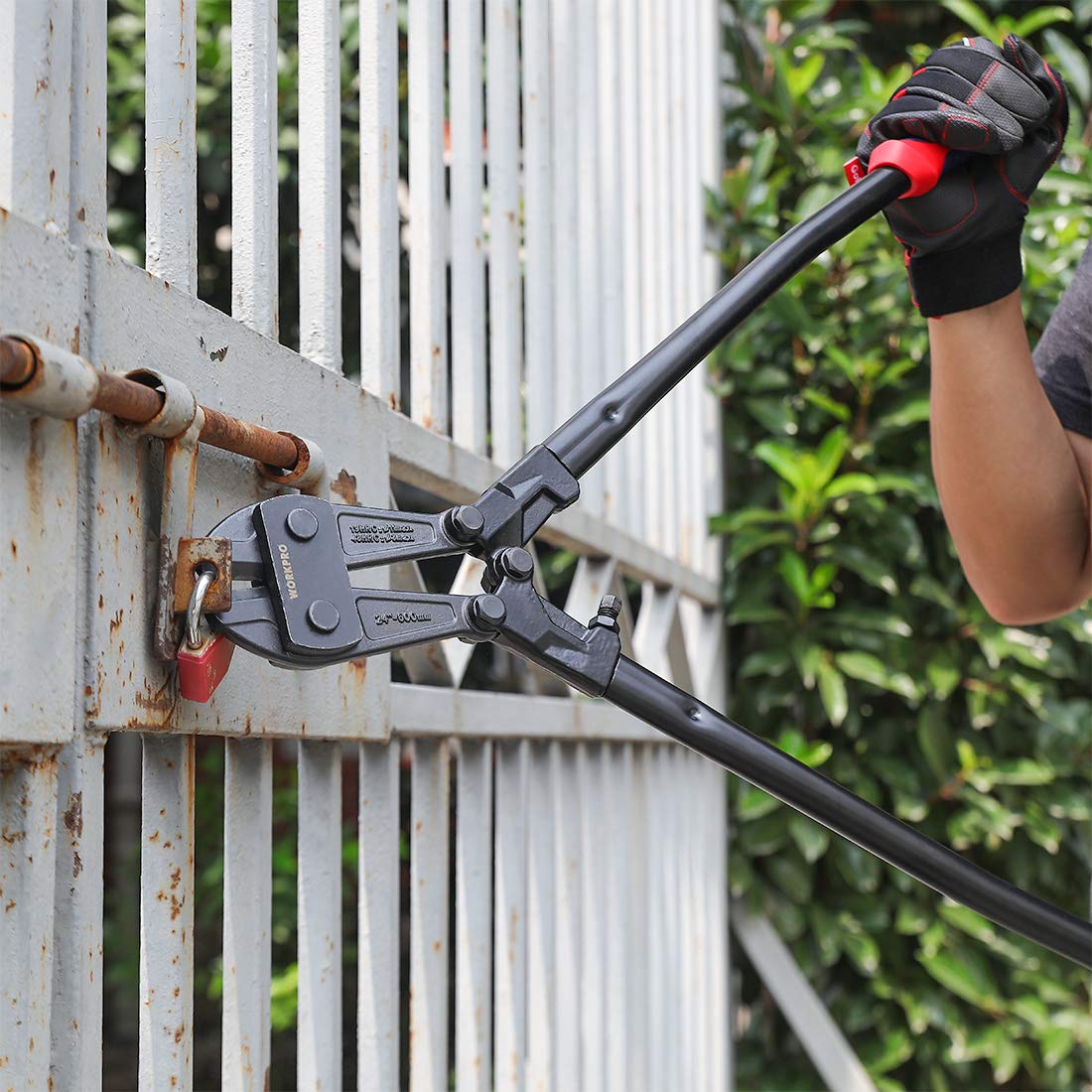Bolt cutter gripping a fence bar while held by a gloved hand
