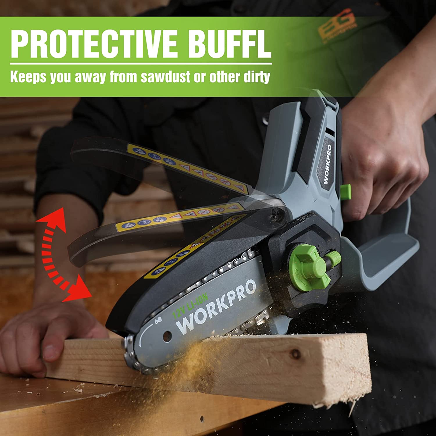 Cordless mini chainsaw with protective front guard while cutting a wooden board
