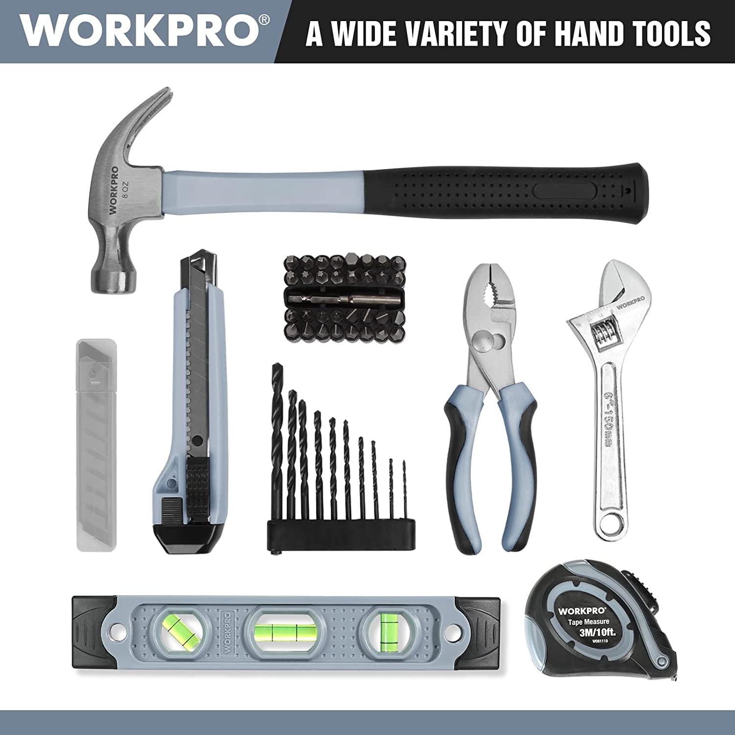 Cordless drill tool kit accessories set with hammer, spanners, bits, and measuring tool