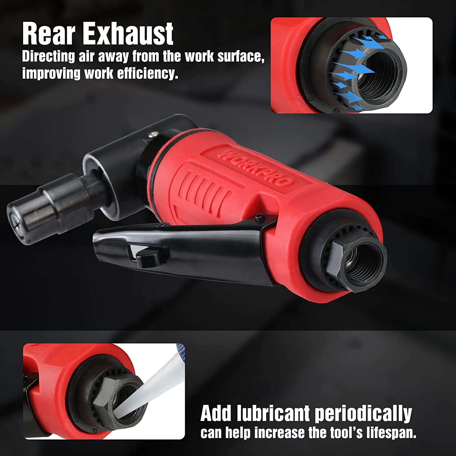 WORKPRO pneumatic right angle die grinder showing rear exhaust port and red air outlet