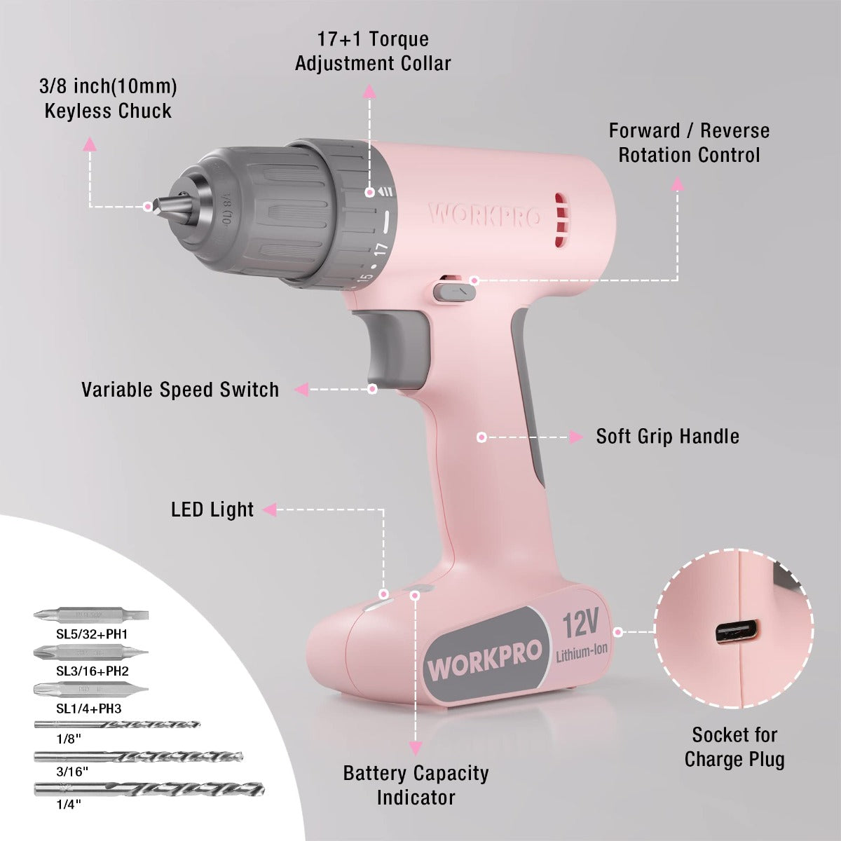 Pink cordless drill driver with LED light, forward/reverse control, and grip handle