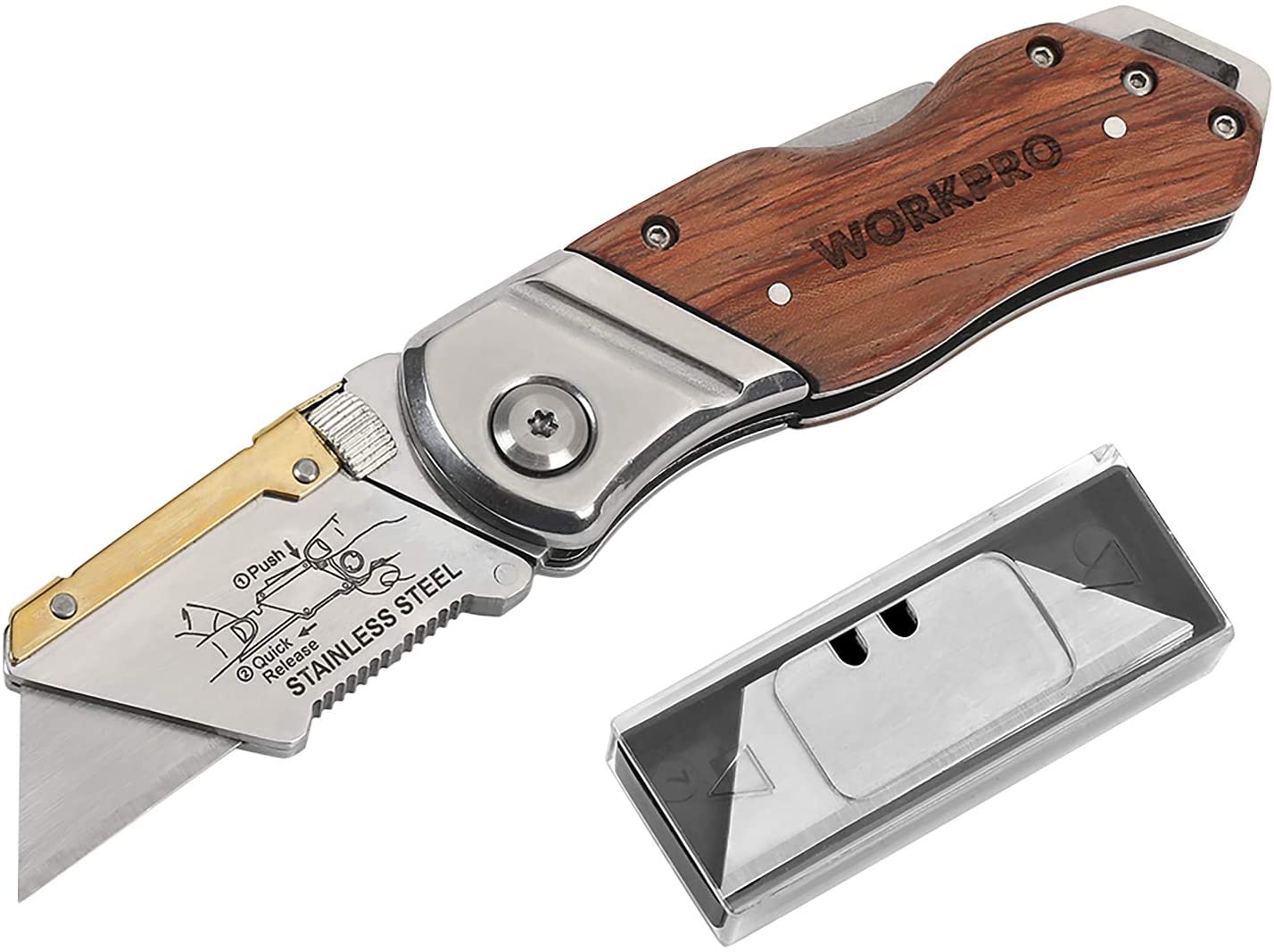 Folding utility knife with wood handle and stainless steel blade, chrome hardware.
