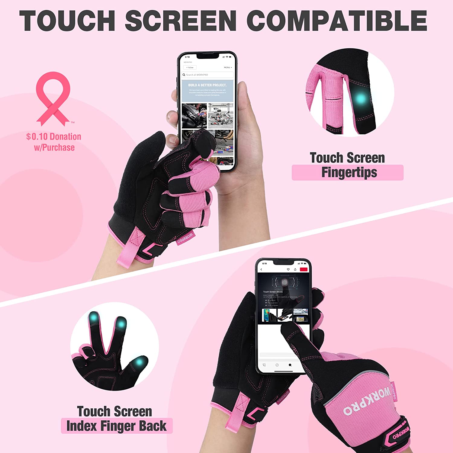 Black and pink touchscreen work gloves with fingertip and index-finger touchscreen areas