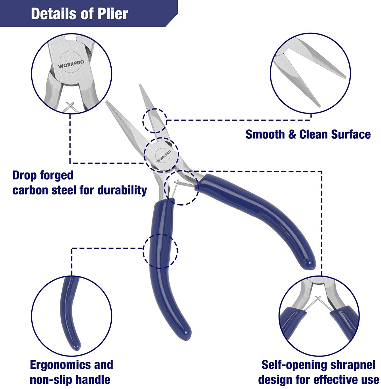 Jewelry pliers set with blue non-slip handles and smooth silver metal jaws