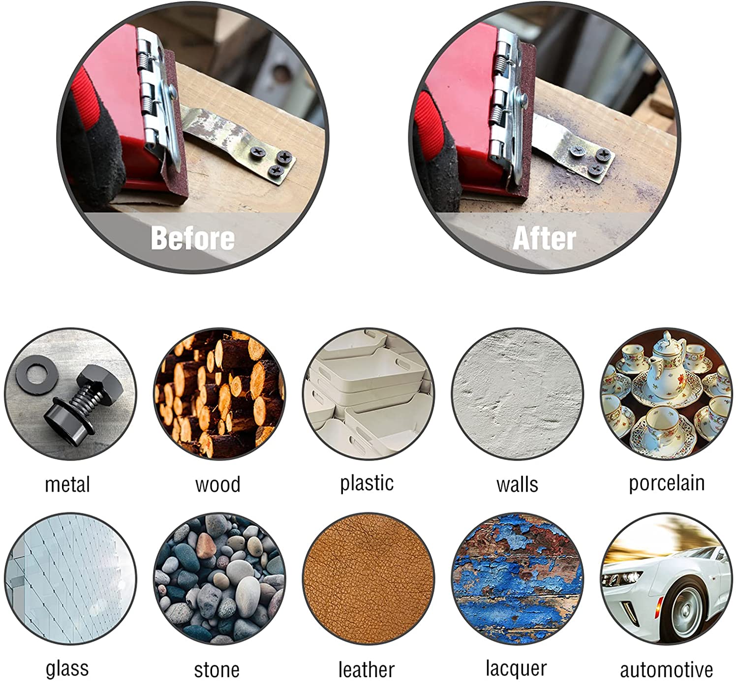 Sandpaper for multiple surfaces, with before-and-after circular examples for metal, wood, and more