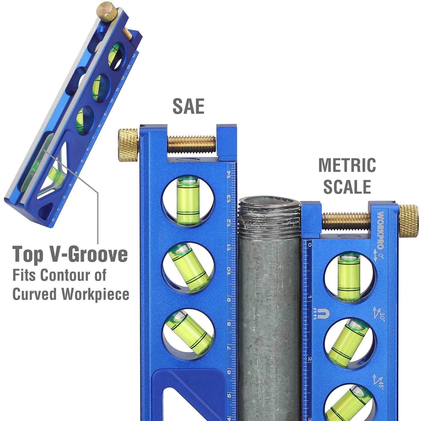 Aluminum torpedo level with blue frame, green vials, SAE and metric scales