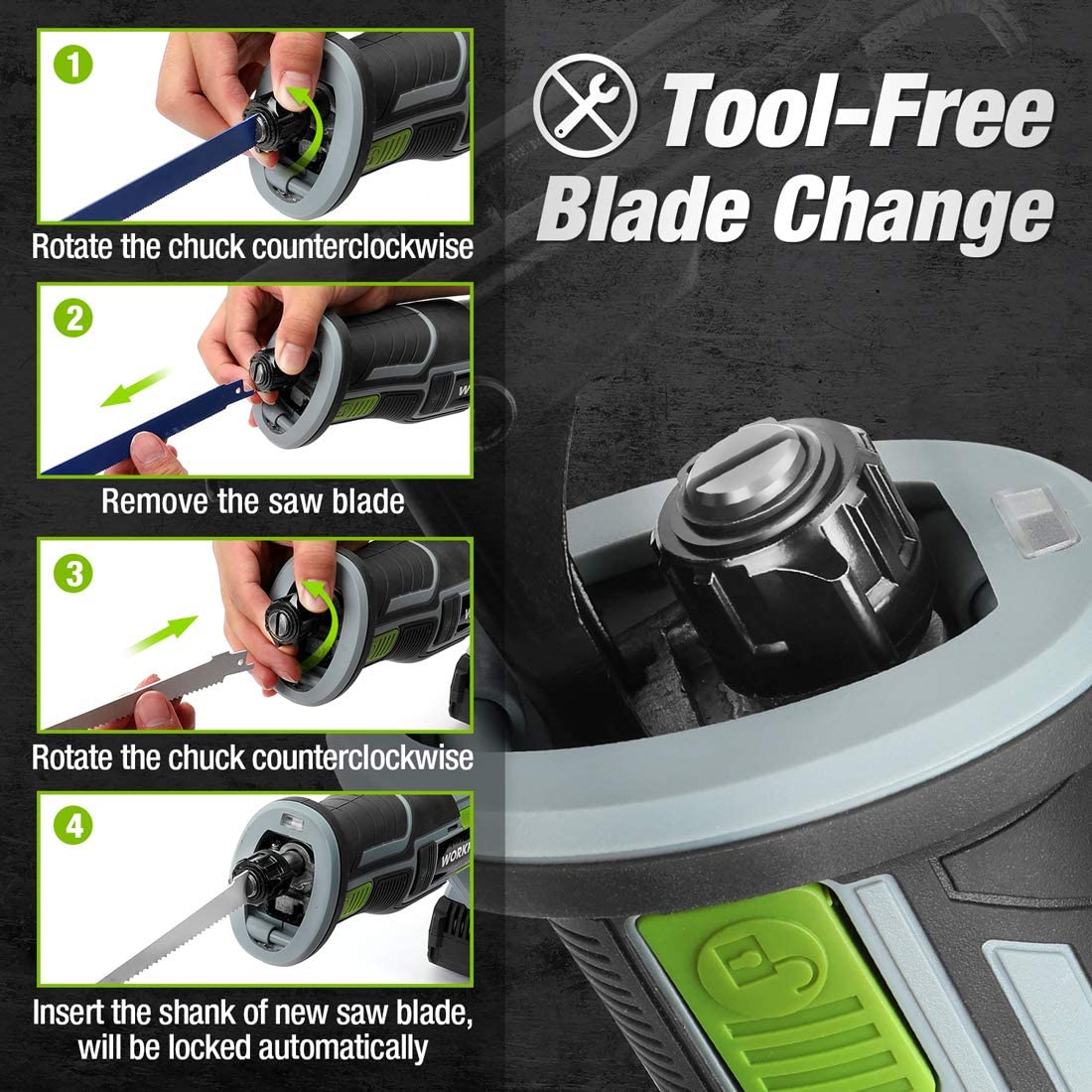 Cordless reciprocating saw tool-free blade change chuck close-up