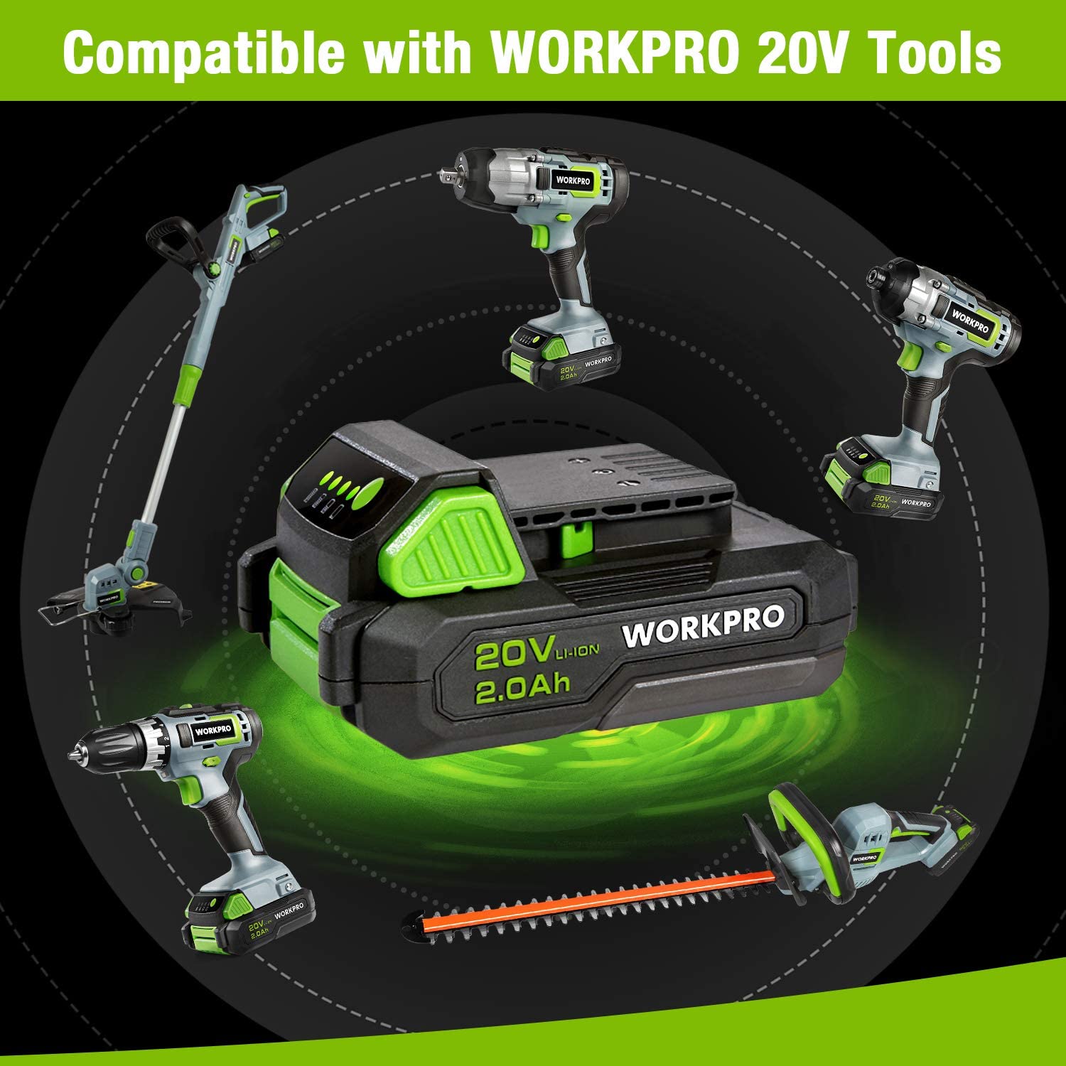 WORKPRO 20V 2.0Ah lithium-ion battery pack with vented contacts, green and black