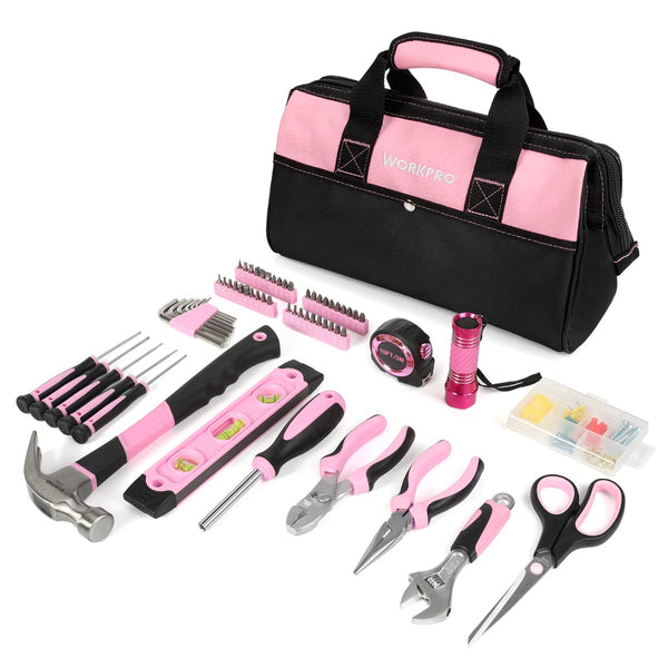 WORKPRO 106 Pcs Lady's Home Repairing Tool Set with Wide Mouth Open Storage Bag - Pink Ribbon