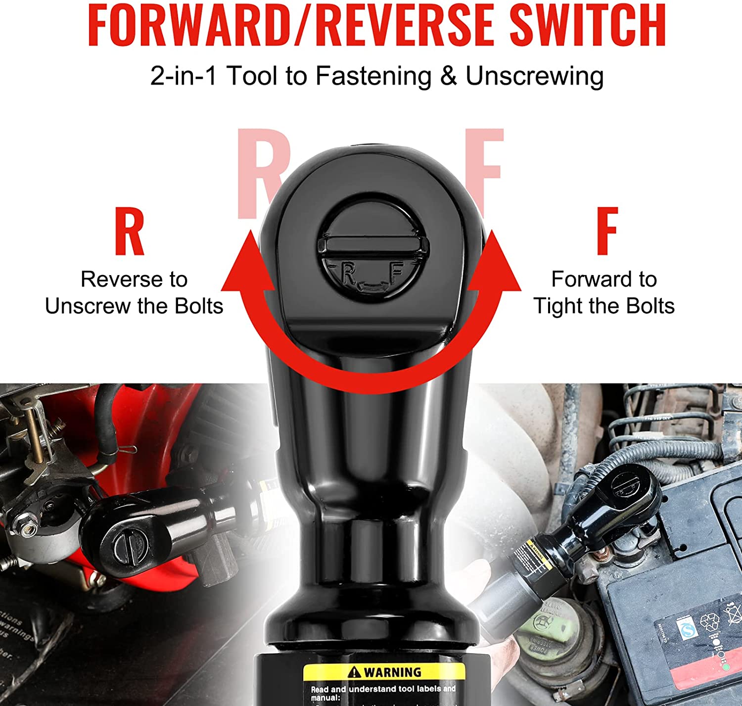 WORKPRO pneumatic ratchet wrench top with forward/reverse switch, black body