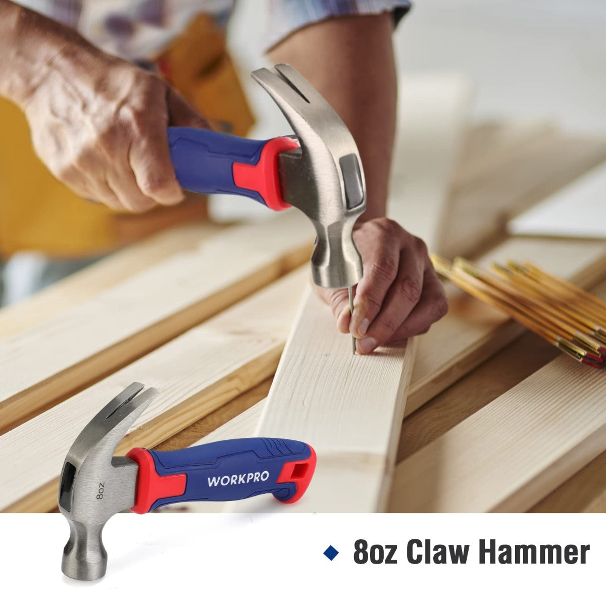 8oz claw hammer with blue-and-pink handle, claw end and head visible
