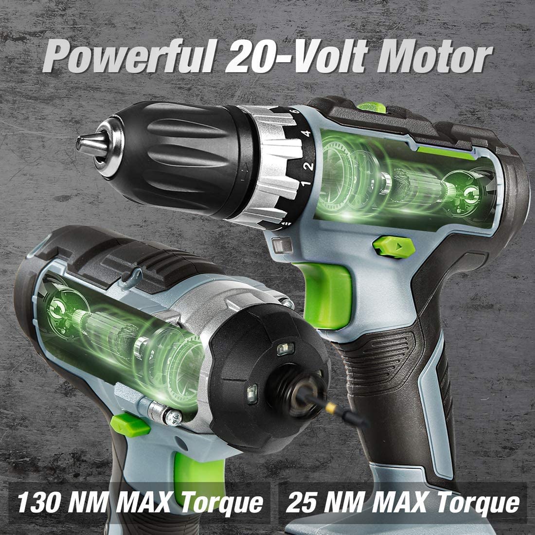 Cordless drill/driver with green accents and keyless chuck, shown in close-up