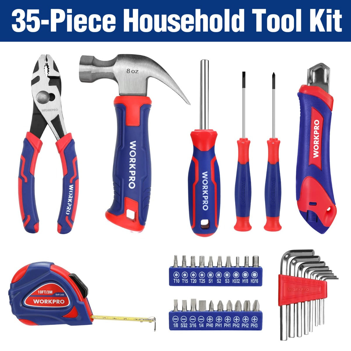 35-piece household tool kit assortment with blue-and-red handles, hammer, pliers, and bits