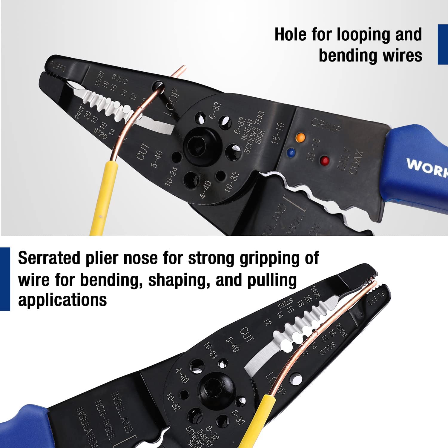 Wire stripper pliers with serrated nose, looping hole, and cutting teeth