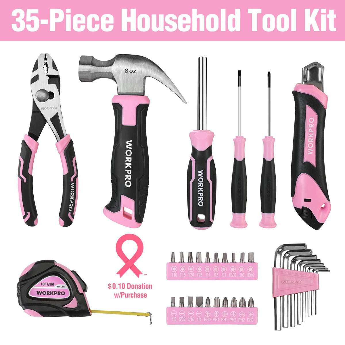35-piece household tool kit assortment with pink-and-black handles, wrenches and bits shown