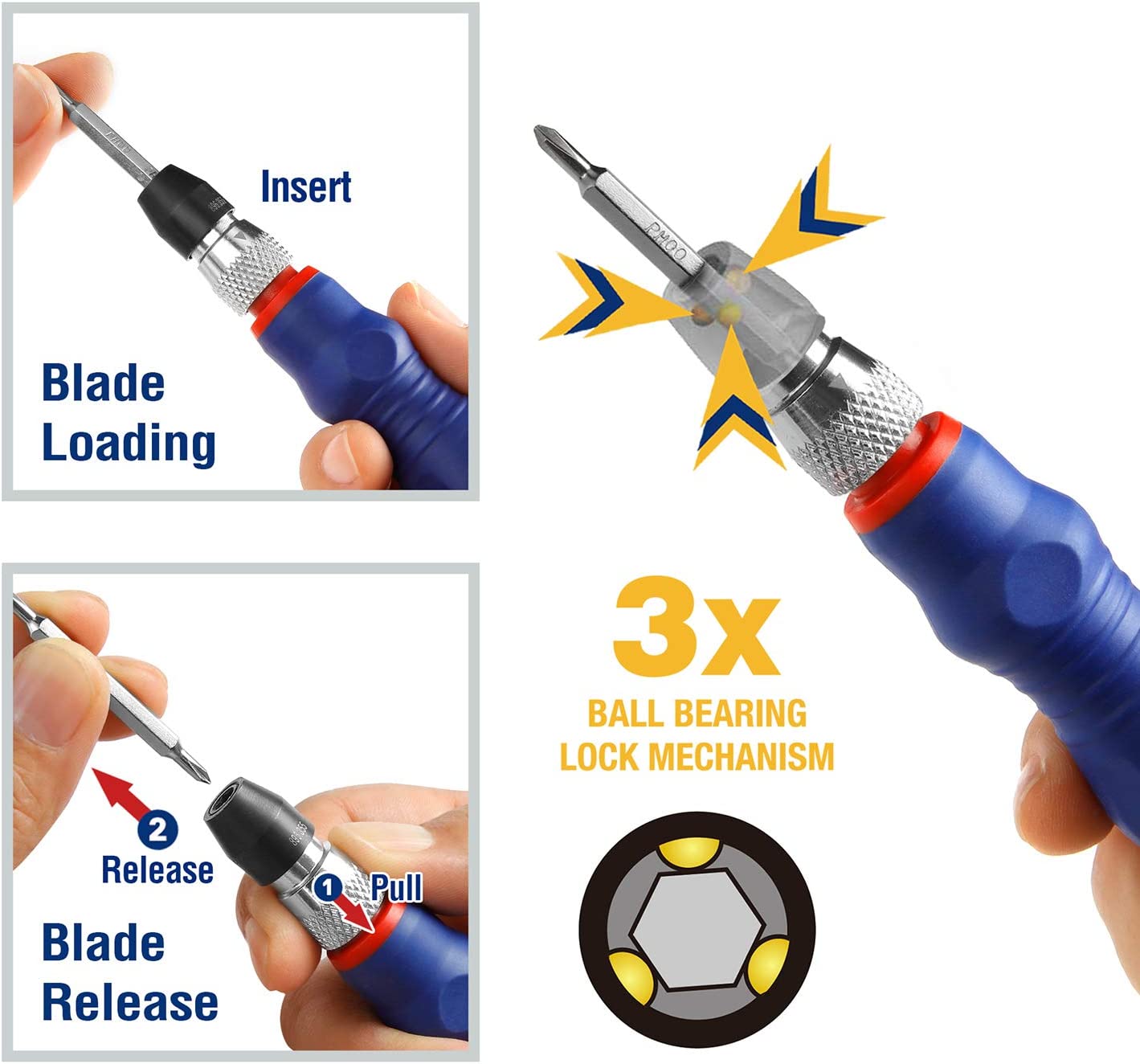 Precision screwdriver with quick blade loading tip and star bit detail
