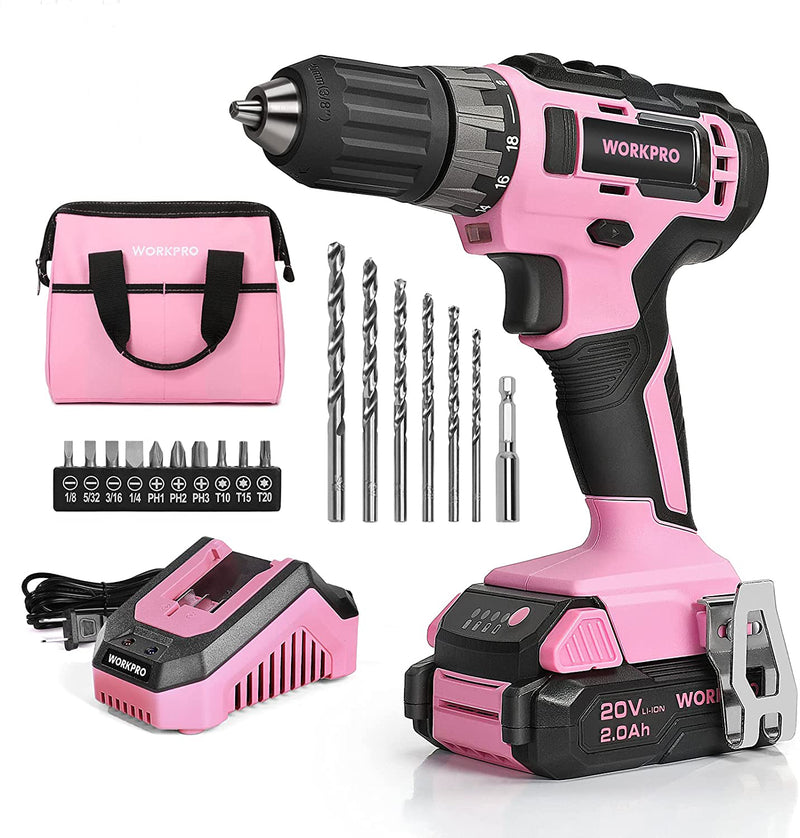 WORKPRO 20V Pink Cordless Drill Driver Set with Fast Charger and 11-inch Storage Bag Included - Pink Ribbon