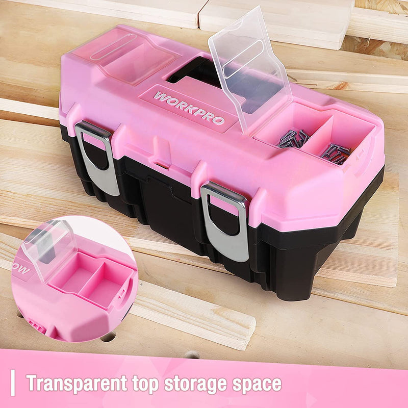 WorkPro 16-inch Tool Box, Pink Plastic Toolbox with Metal Latch and Removable Tray - Pink Ribbon