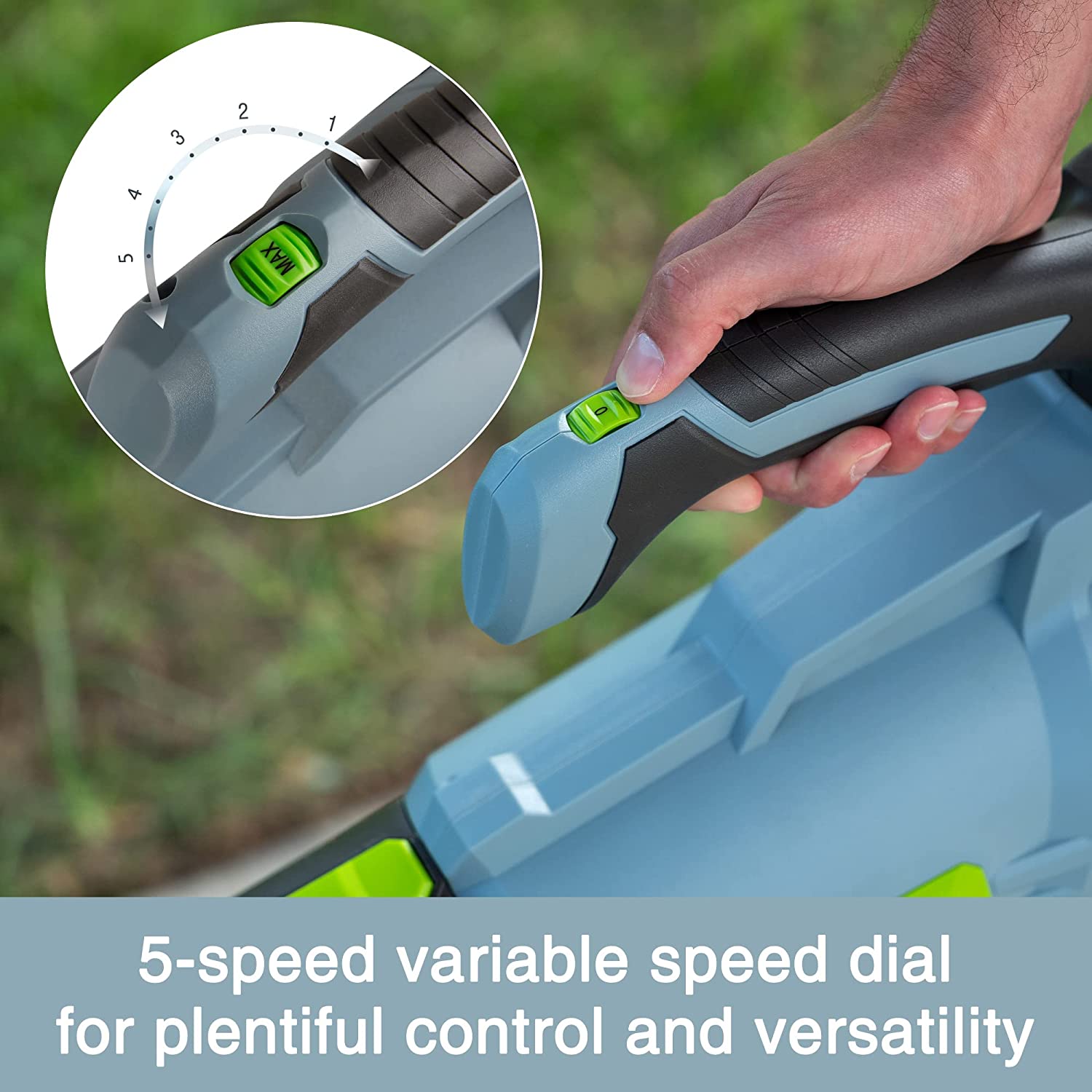 Cordless leaf blower held in hand, 5-speed dial shown on light blue body