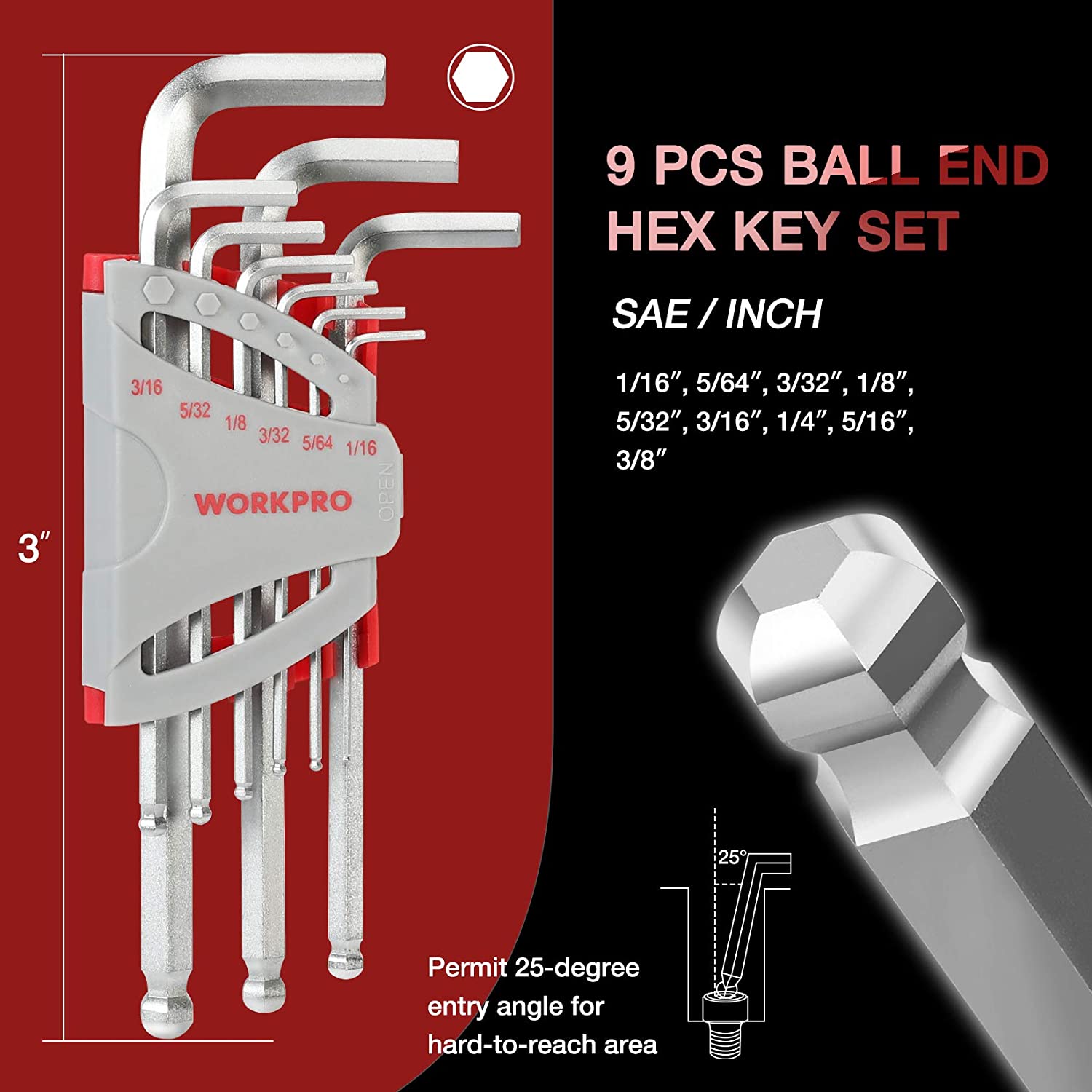 Nine-piece ball-end hex key set with long L-shaped wrenches; silver in holder