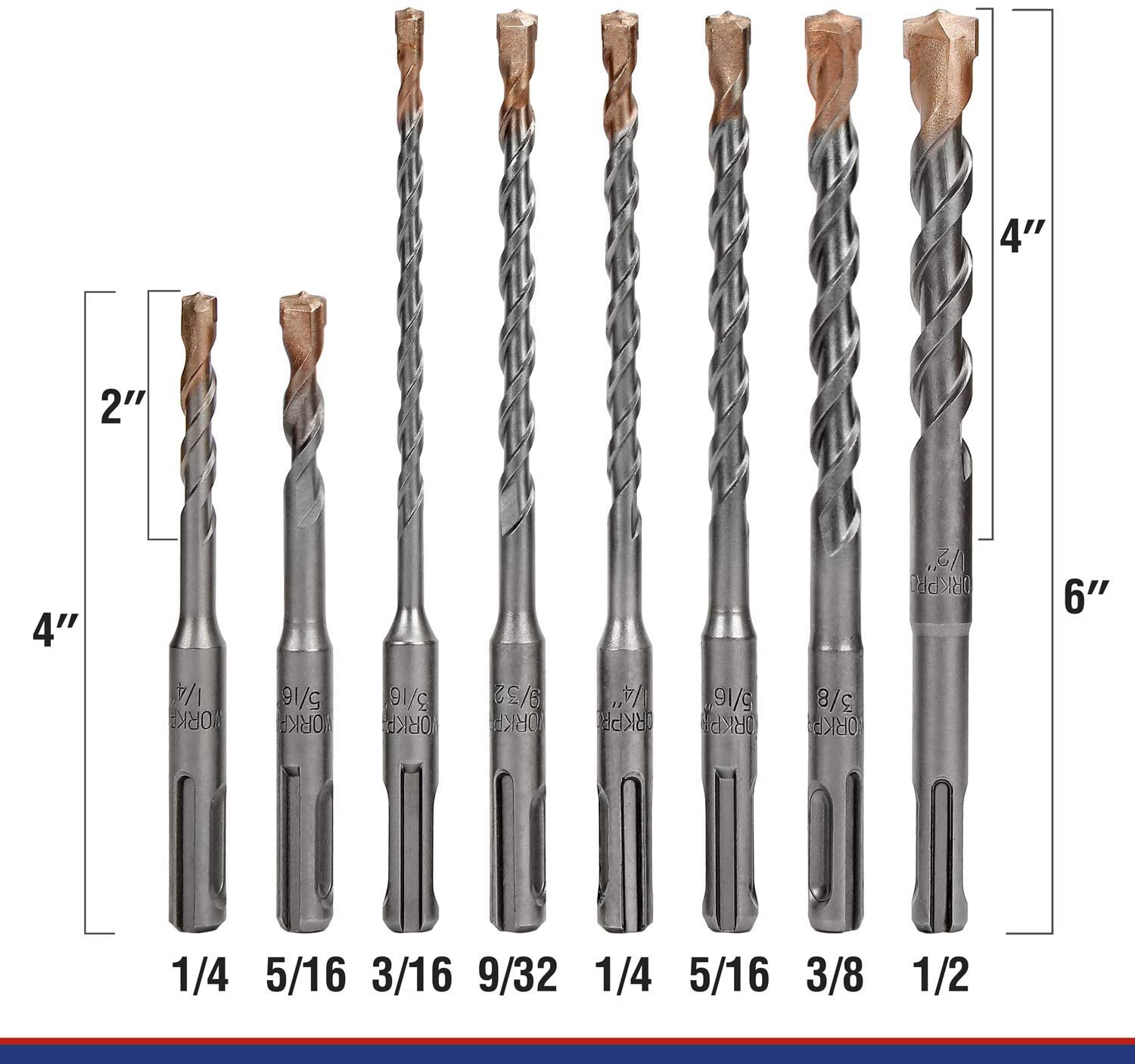 8-piece SDS-plus rotary hammer drill bit set, various sizes with carbide tips