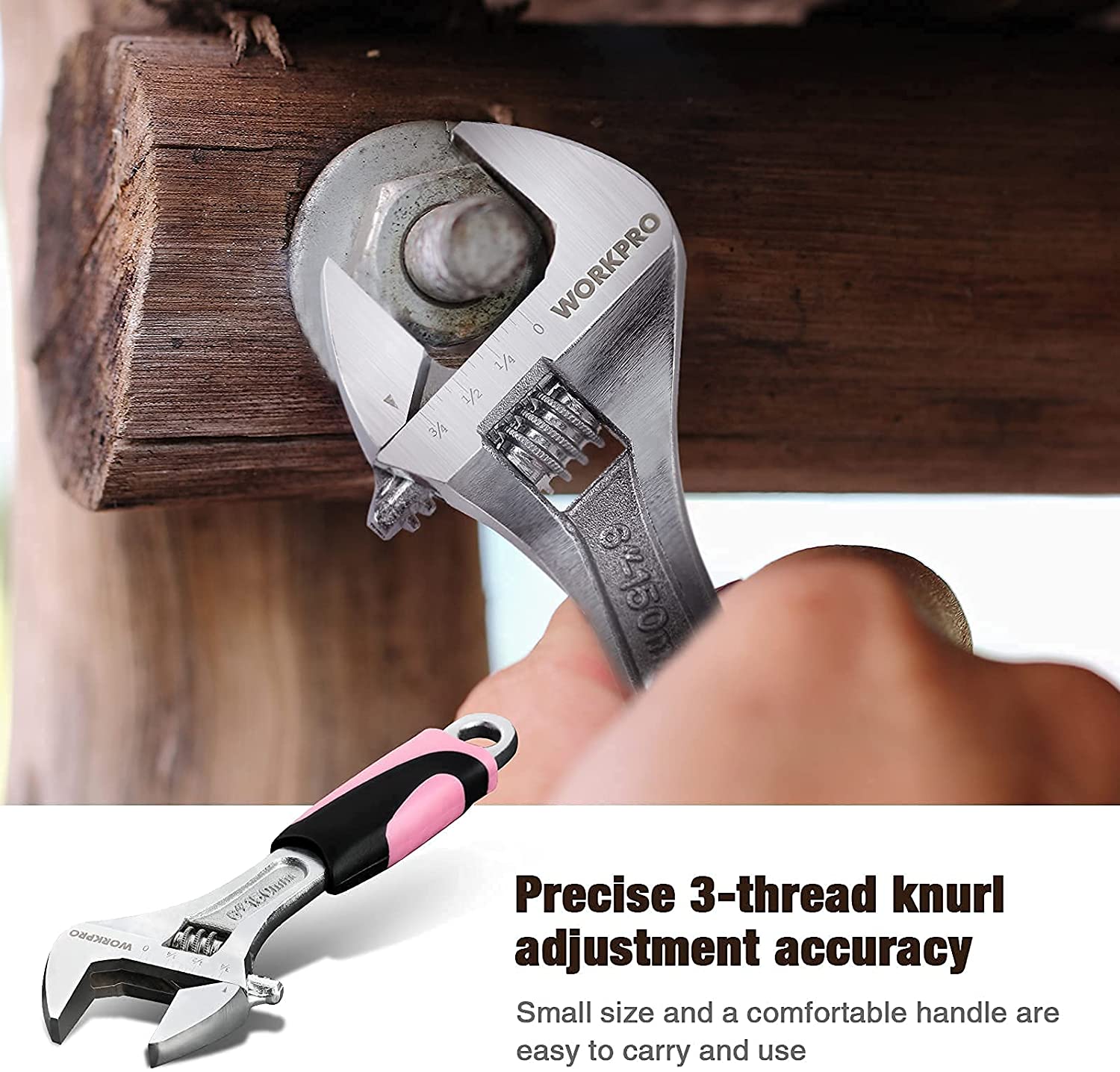 Adjustable wrench and screwdriver tool with pink grip held over wooden surface