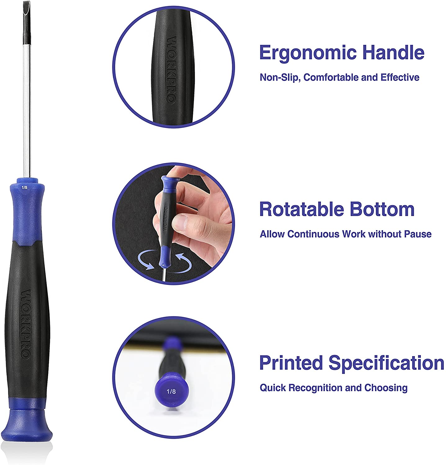 Precision screwdriver with blue textured handle, rotatable bottom, and printed size markings
