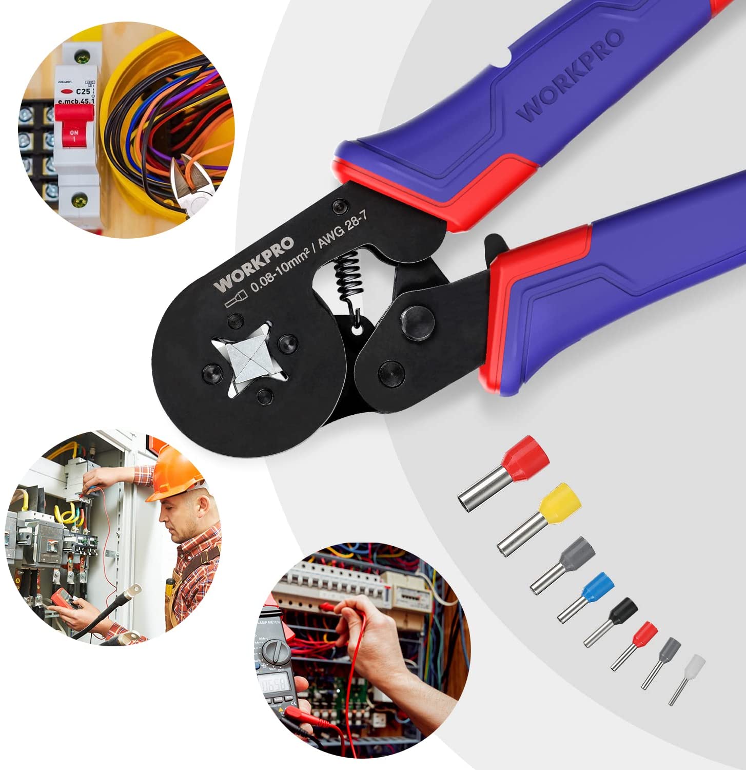 Wire crimping tool with close-up ferrule crimping tips, blue and red tool body
