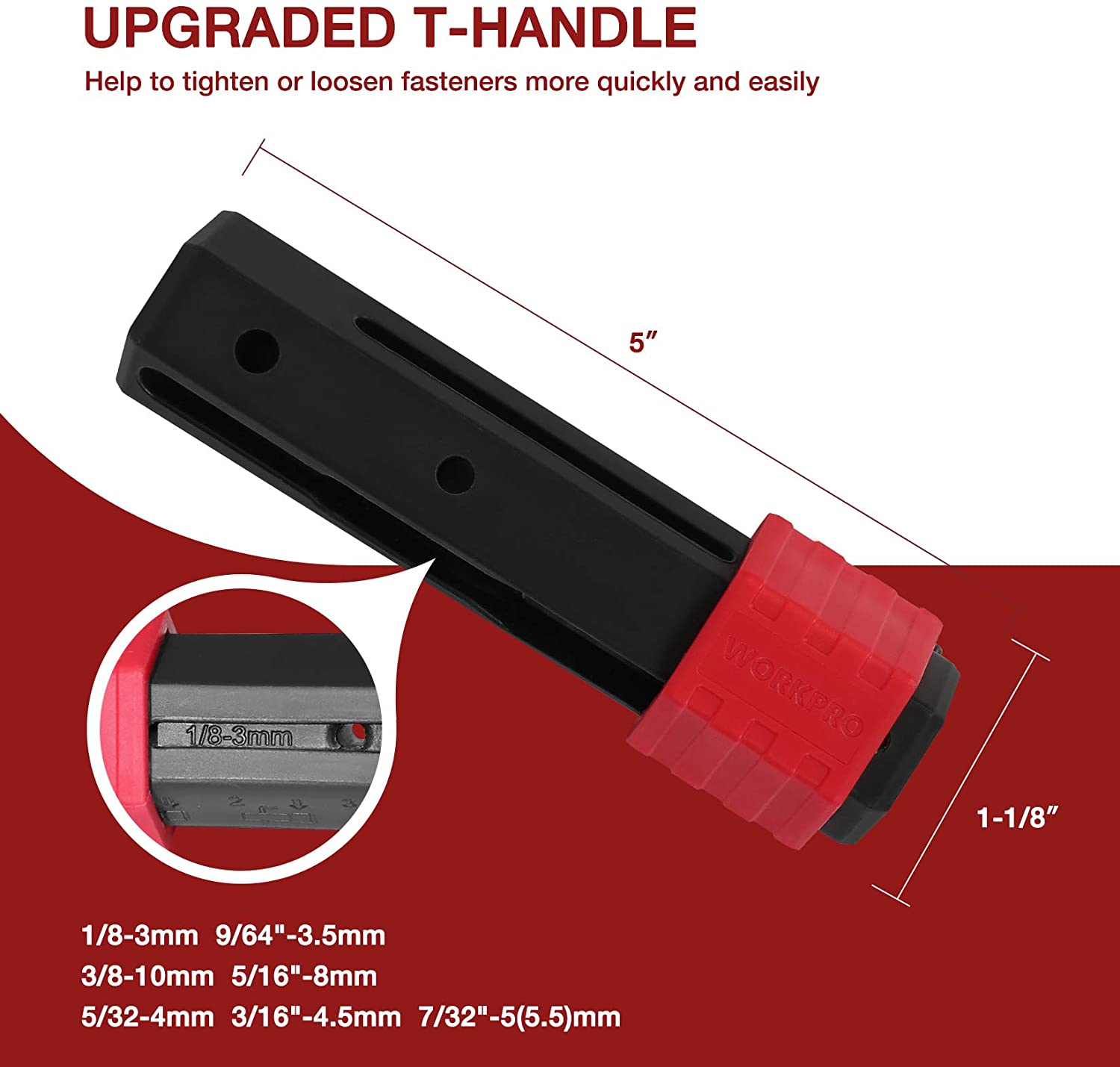 Black extension T-handle tool with red grip sleeve; hex key bar