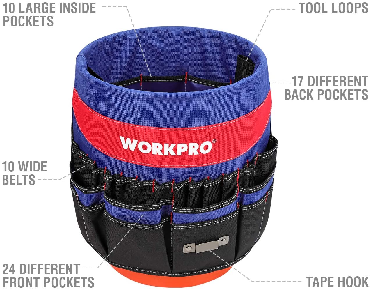 WORKPRO tool organizer bucket with blue top, red band, and black front belt and pocket rows