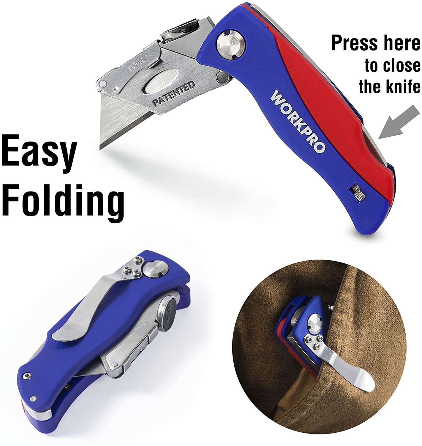 Folding box cutter with blue-and-red handle and silver blade extended for cutting