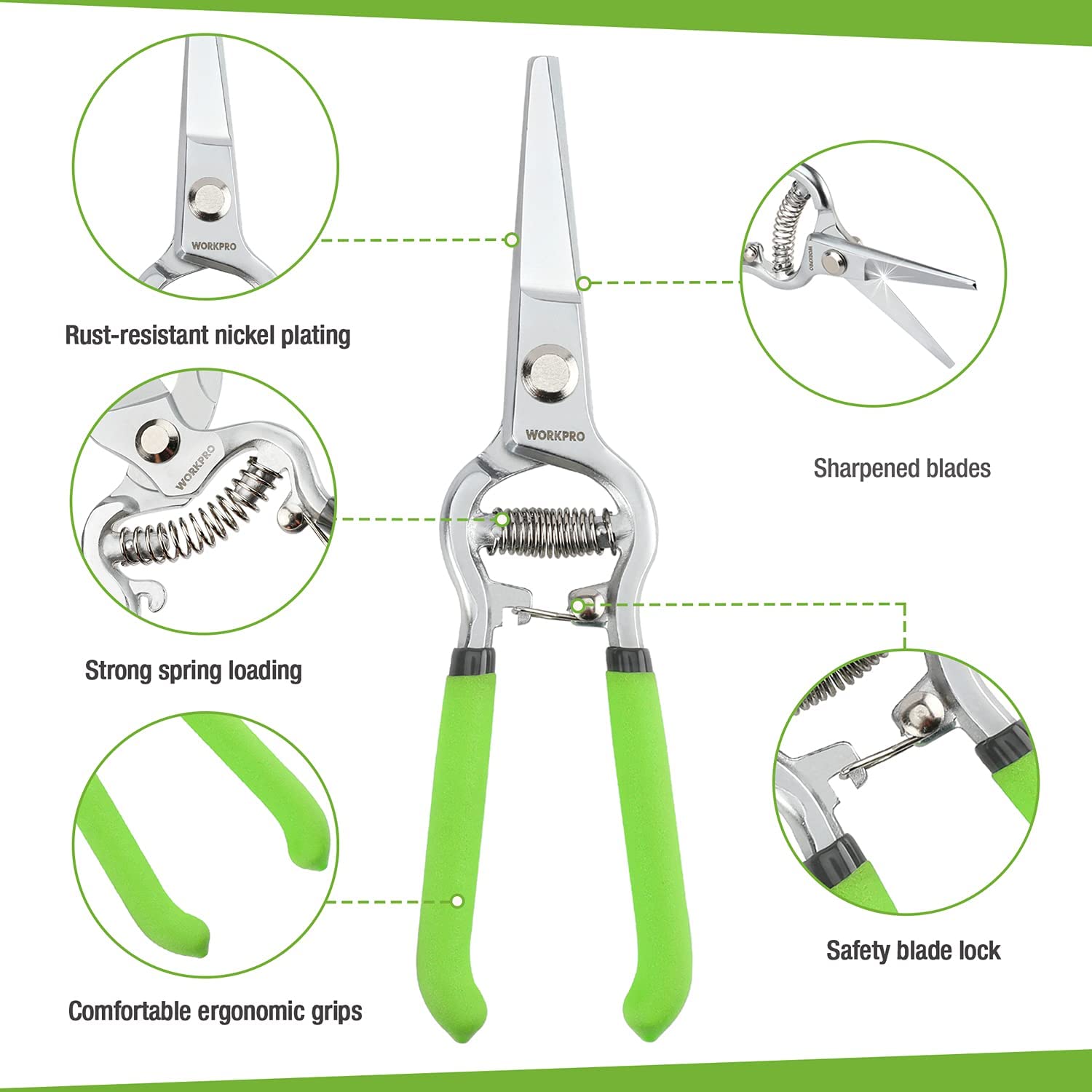 Two-piece pruning shears set with green ergonomic grips and spring-loaded blades