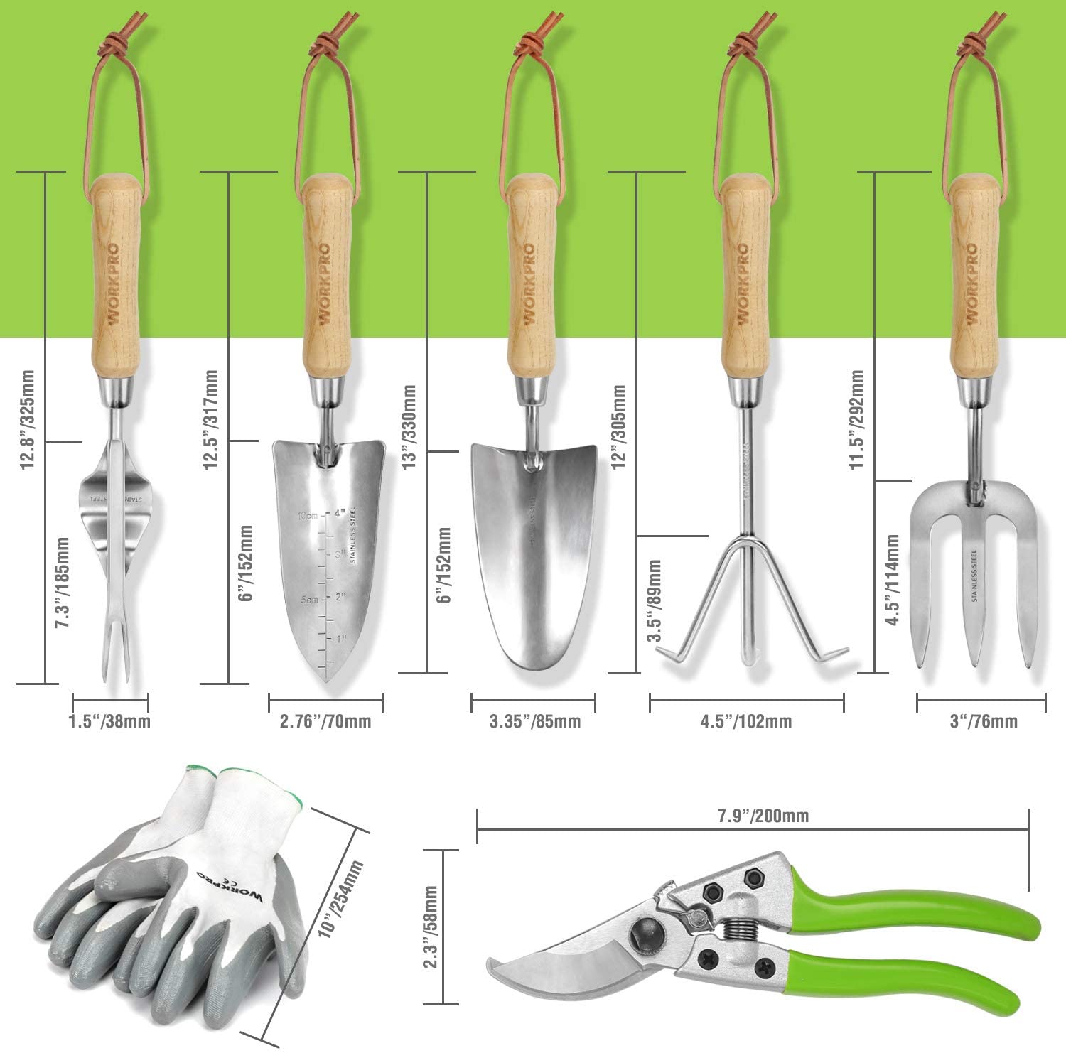 Stainless steel garden hand tools set with wooden handles, including trowels and forks