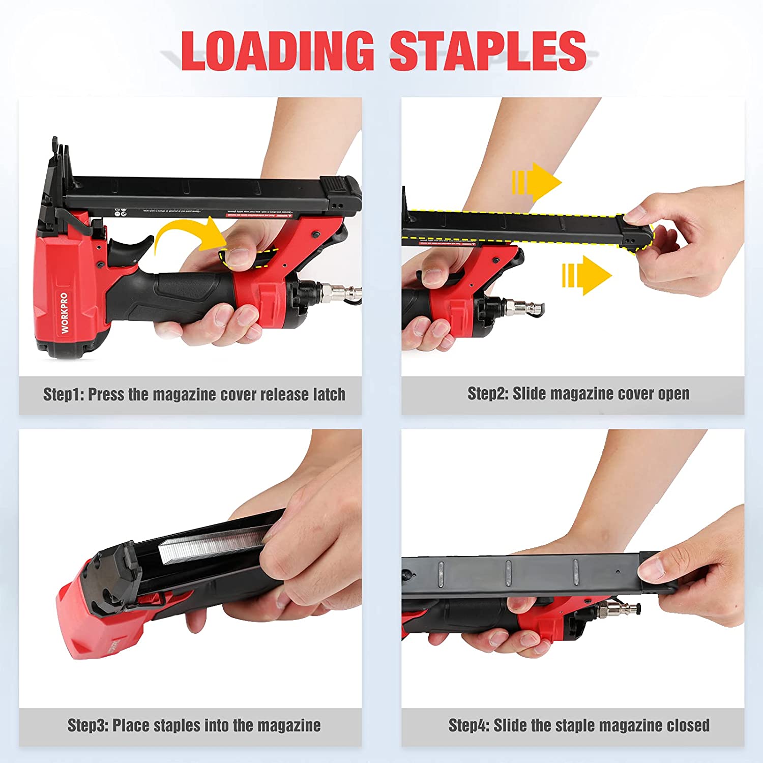 Pneumatic staple gun loading steps with magazine cover open and staples inserted