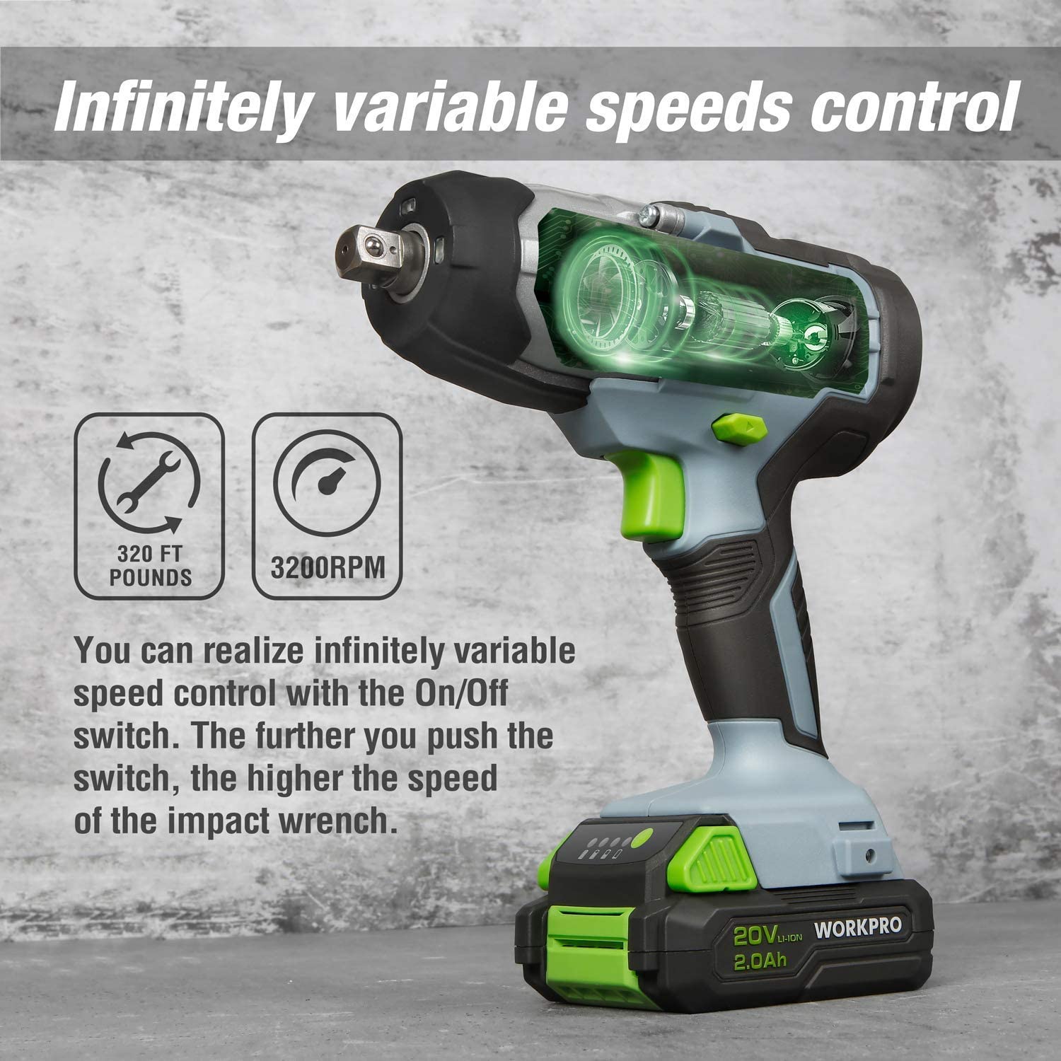 Cordless impact wrench with variable speed control trigger and 320RPM indicator display