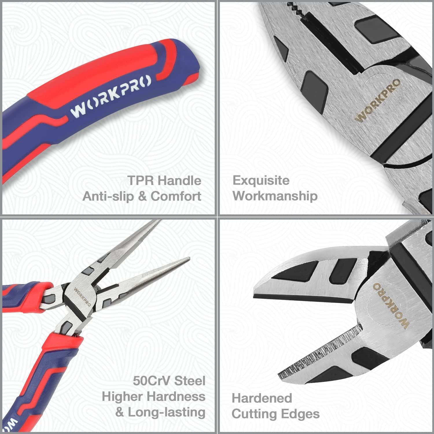 WORKPRO pliers set detail collage showing TPR anti-slip handles and hardened cutting edges