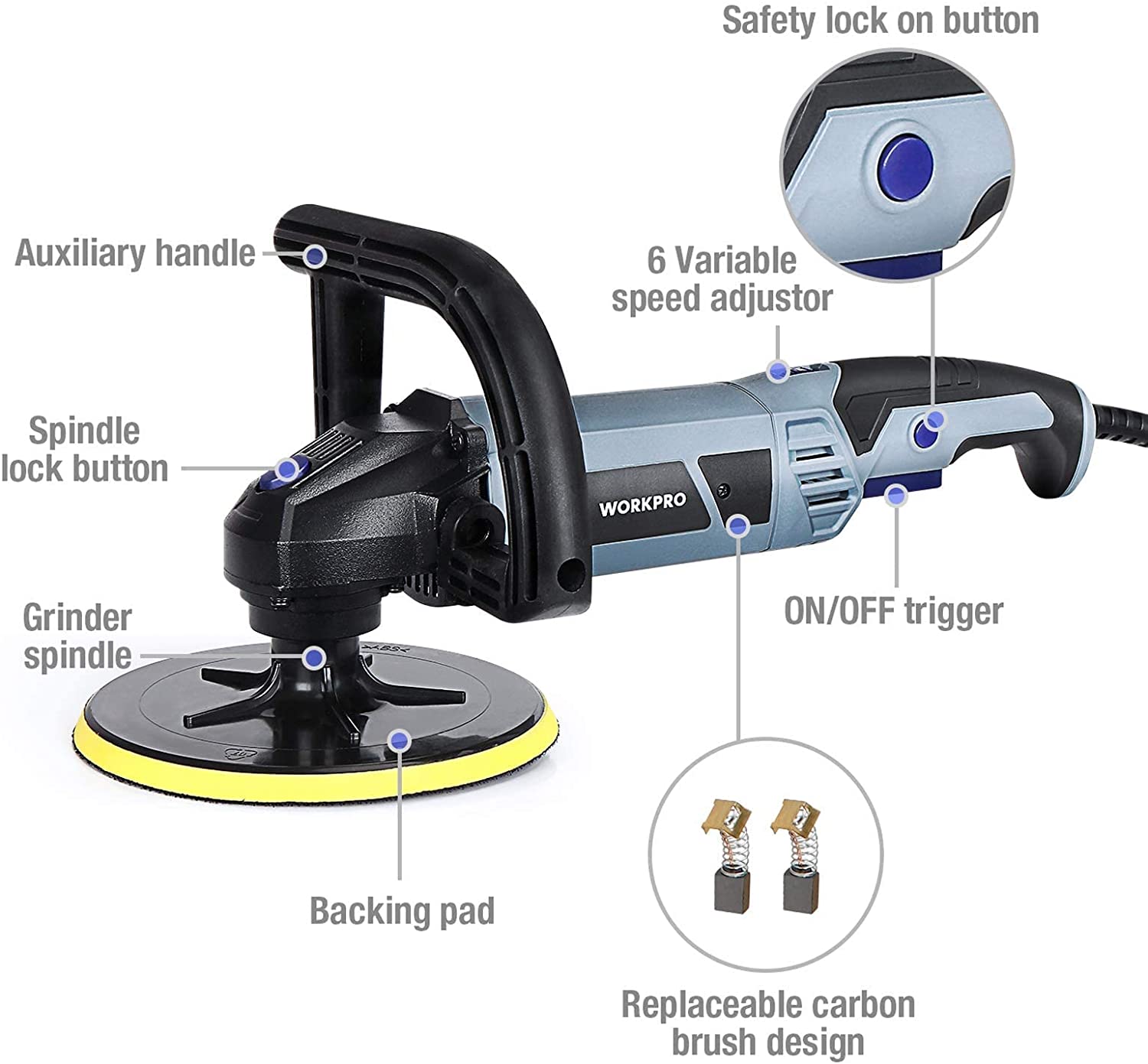 Detachable buffer polisher with auxiliary handle, adjustable speed dial, and backing pad