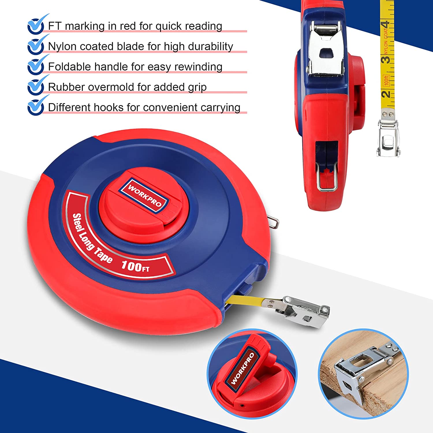 Red and blue tape measure with steel tape, foldable handle and metal belt hook
