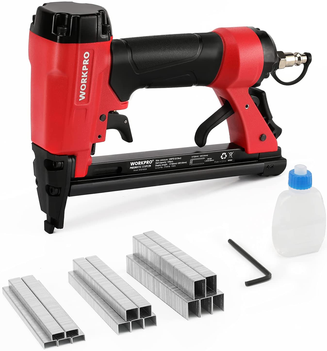 Red and black pneumatic staple gun with included staples and accessory hex key