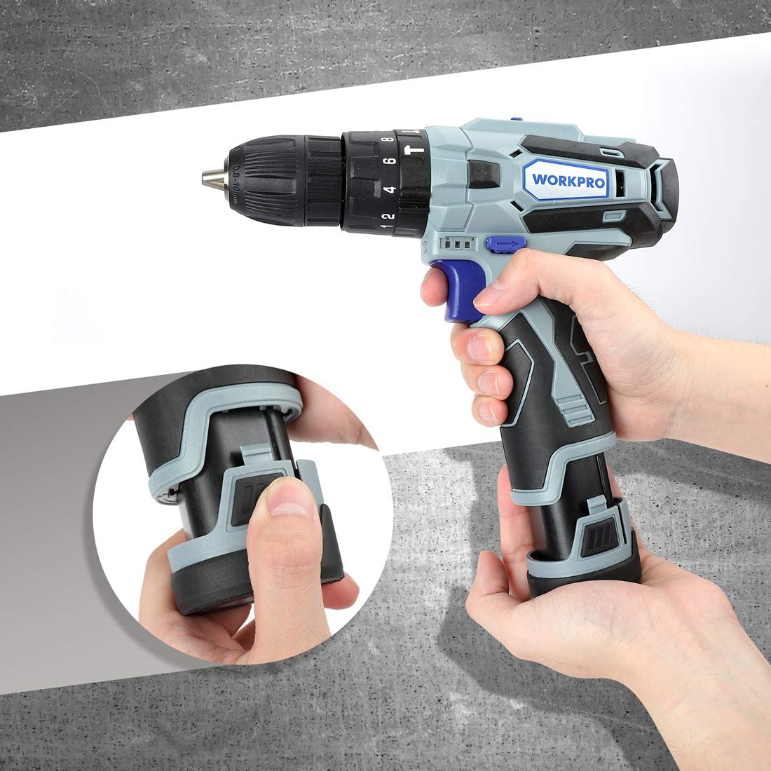 WORKPRO 12V battery pack attached to cordless drill/driver handle, black and gray