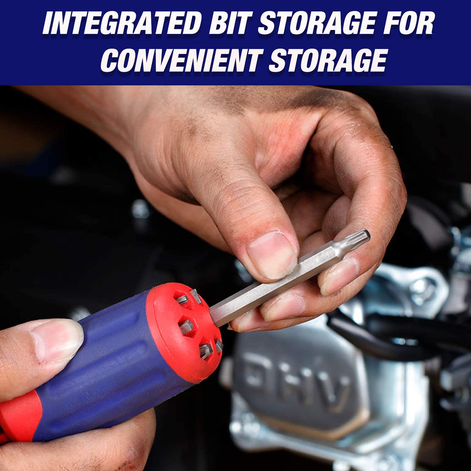 Red-and-blue ratcheting screwdriver with integrated bit storage holding a metal bit
