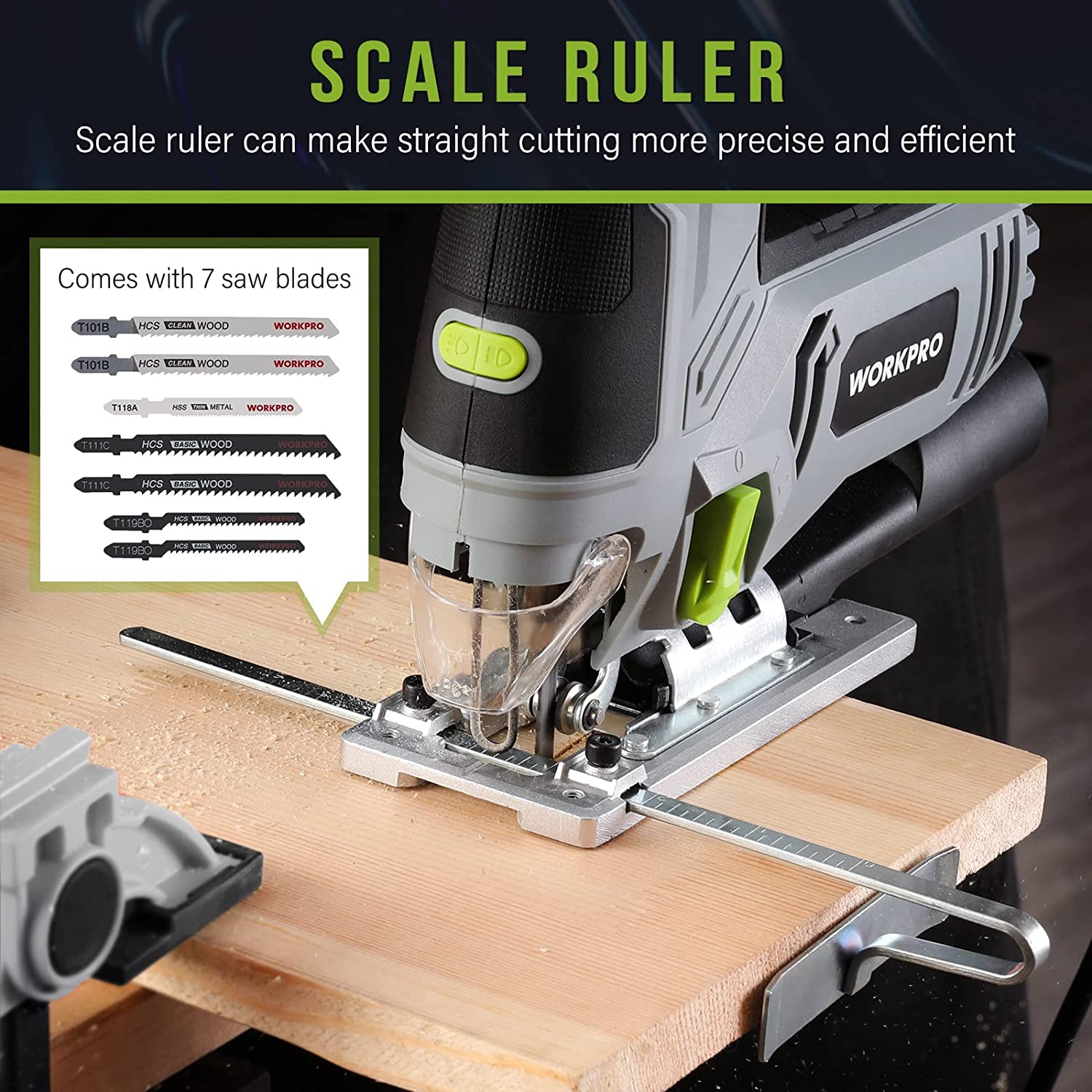 Corded electric jigsaw with scale guide on base and included saw blades