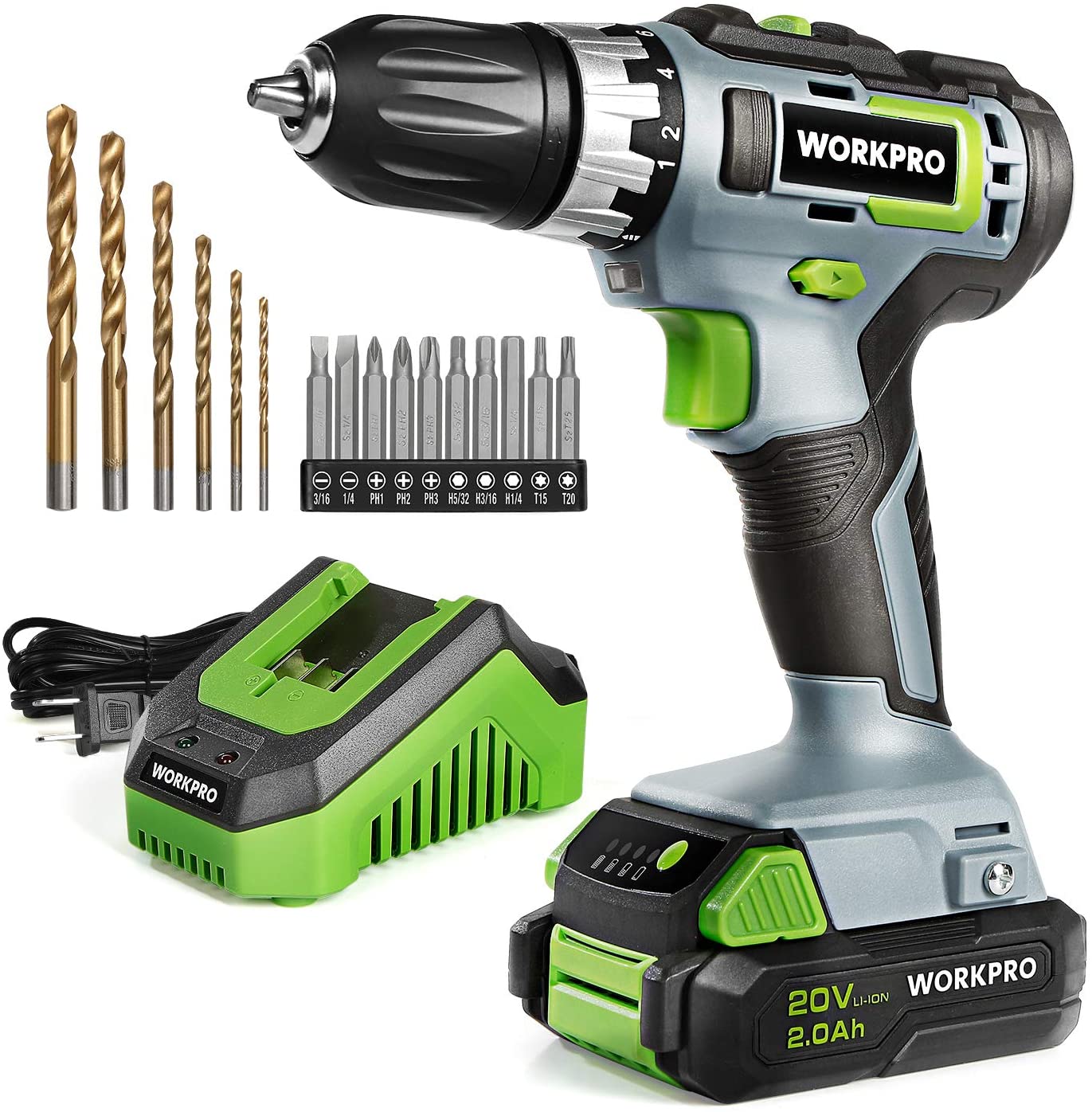 WORKPRO 20V Variable Speed Cordless Drill/Driver Kit 3/8”, 18+2 Torque Setting 2.0 Ah Li-ion Battery and 1 Hour Fast Charger